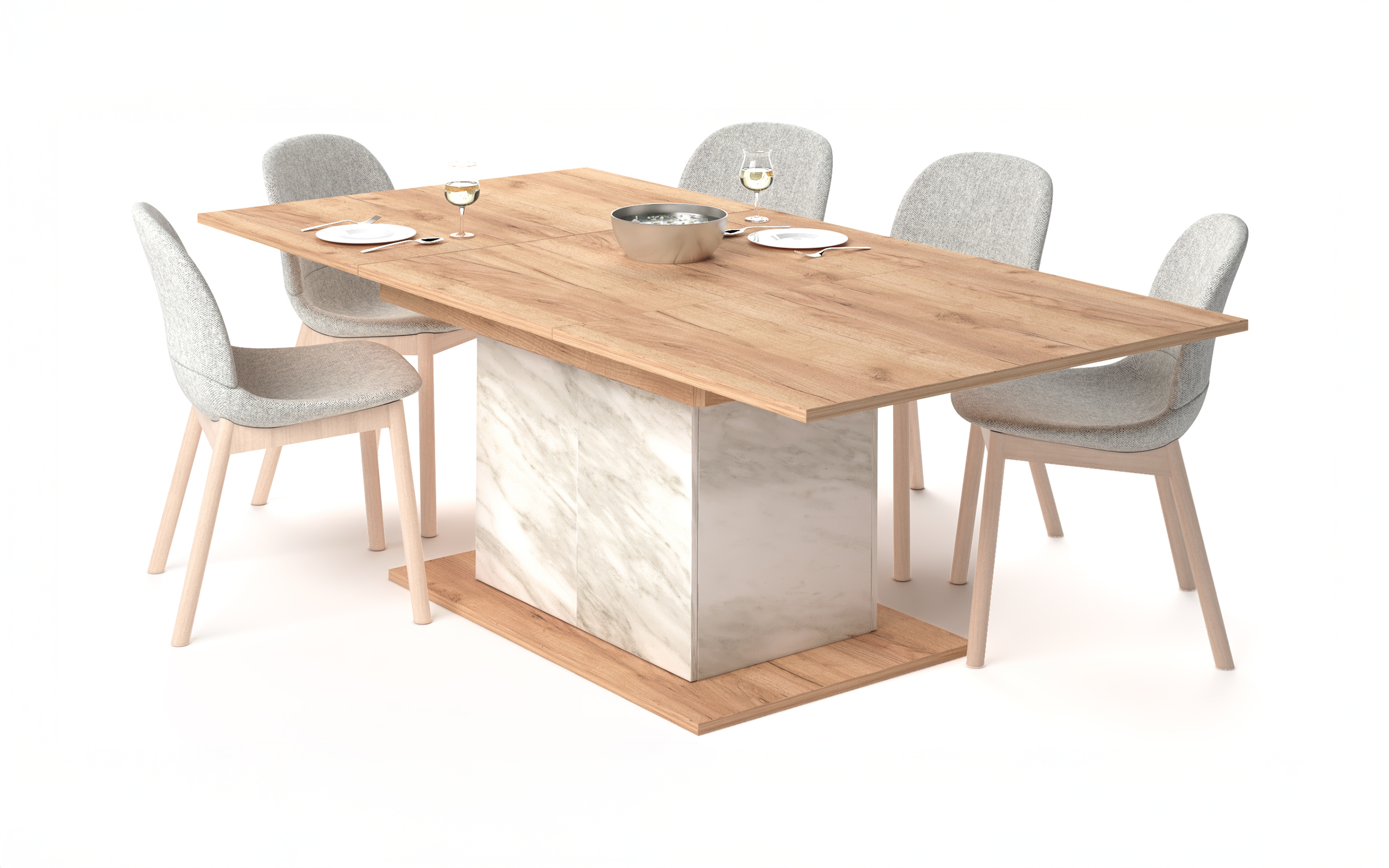 Dining table /extendable/ Selera, golden Craft oak + white marble decor  1